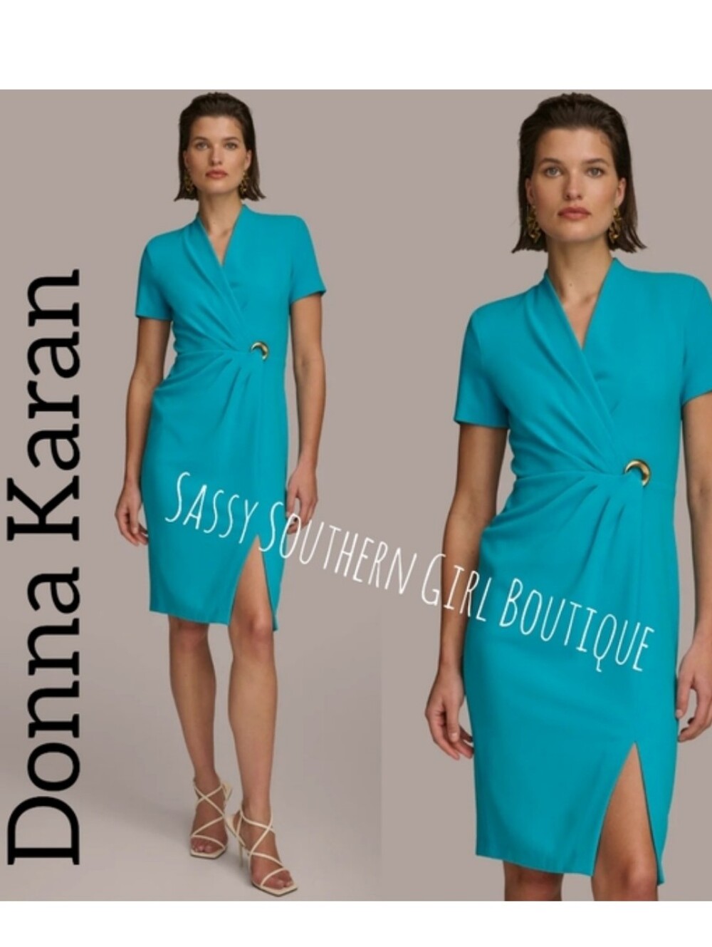 ⭐🆕 Donna Karan Black Label turquoise blue brass detail dress